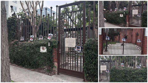 «Իմնեմնիմի» փոդքասթի հետևորդները Լոս Անջելեսում հյուպատոսության շենքի դարպասներին և պատերին պաստառներ են փակցրել Նարեկ Սամսոնյանի և Վազգեն Սաղաթելյանի ազատ արձակման պահանջով